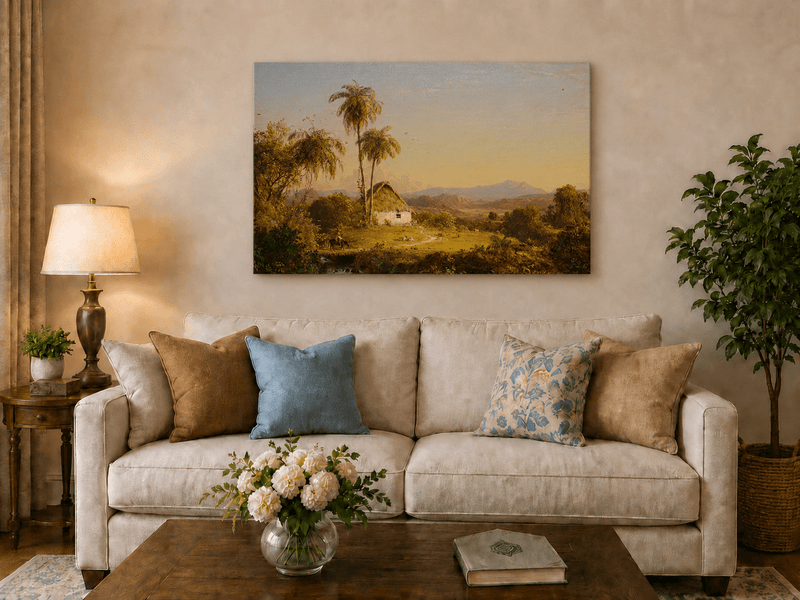 Peinture à l'huile de paysage - Village côtier avec phare et coucher de soleil