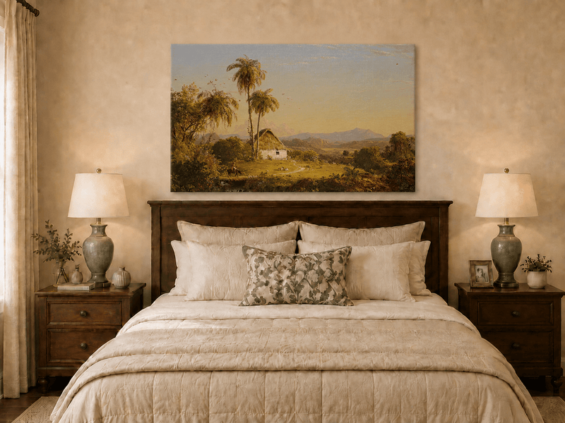 Peinture à l'huile de paysage - Village côtier avec phare et coucher de soleil