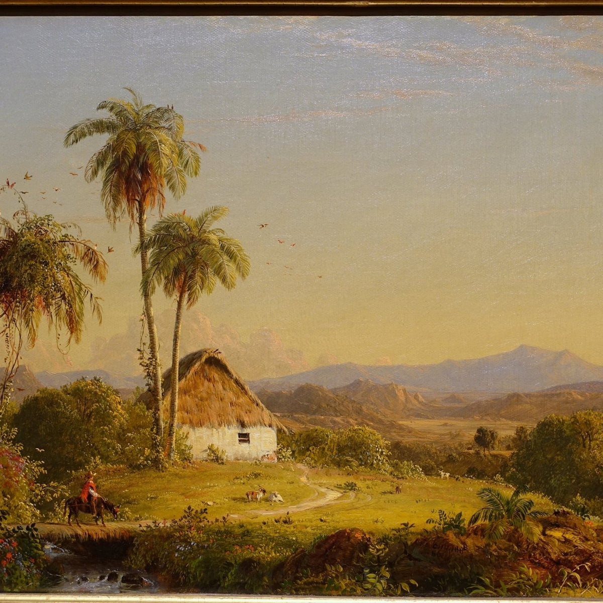 Hand-painted tropical valley with palm cottage landscape oil painting on canvas