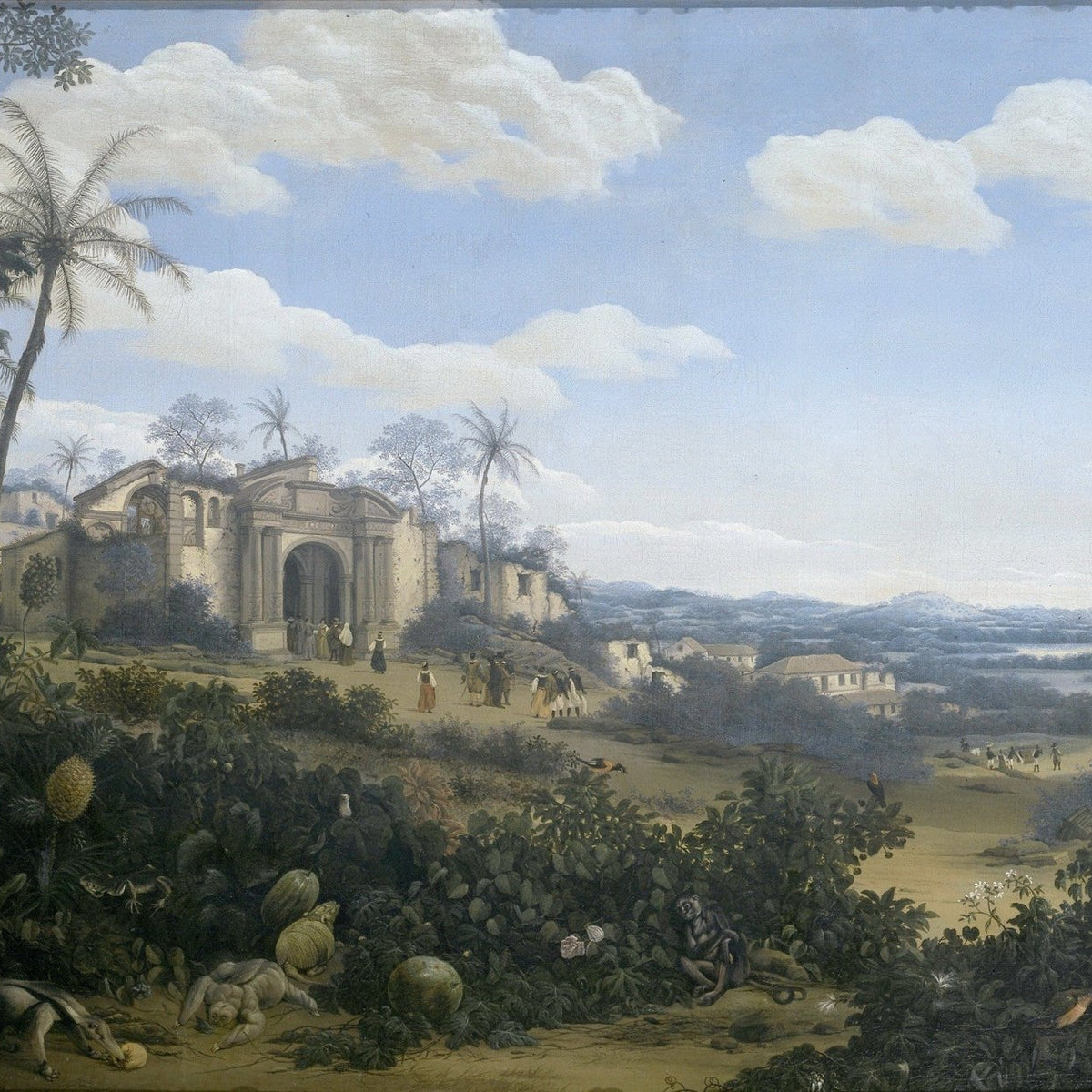Hand-painted tropical village with ruins and palms landscape oil painting on canvas