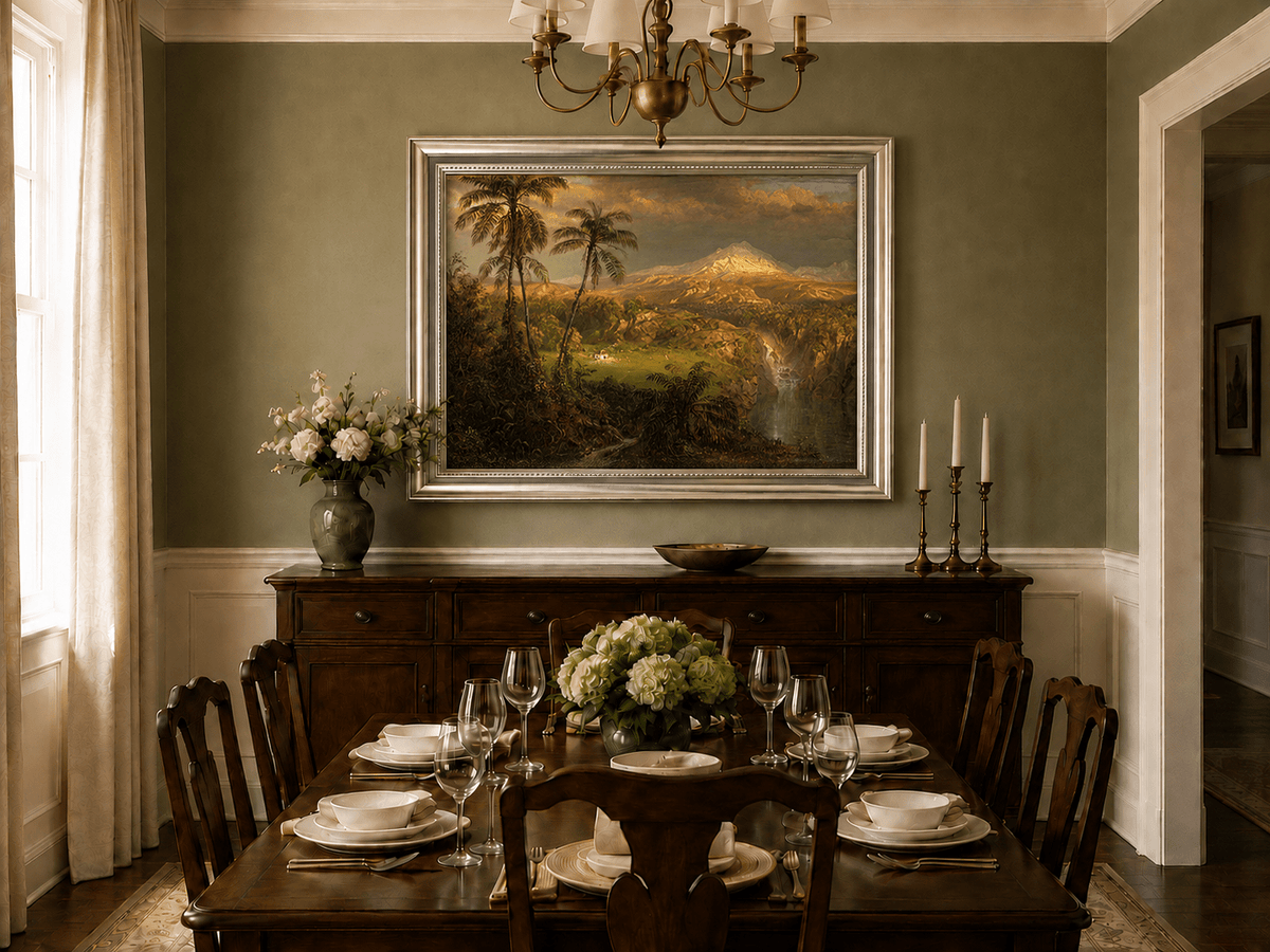 Tropical volcano and sunlight oil landscape artwork shown in a styled home interior.