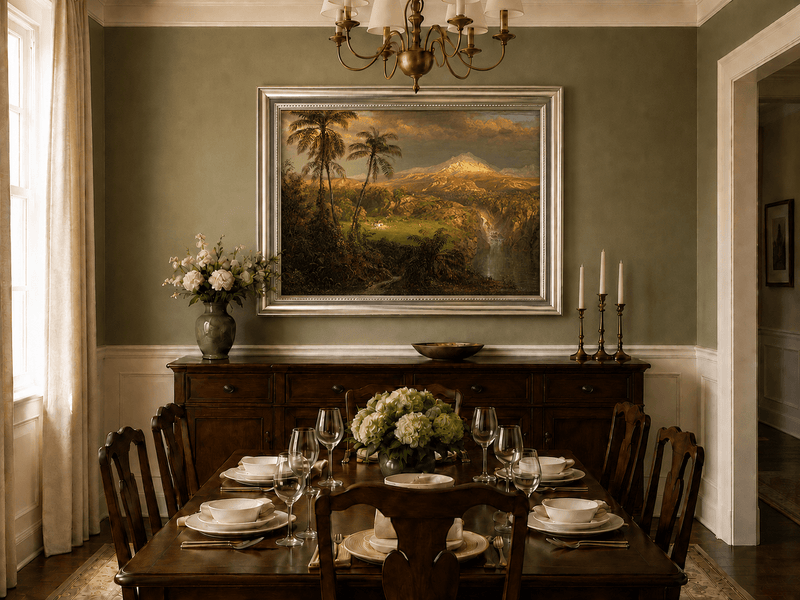 Tropical volcano and sunlight oil landscape artwork shown in a styled home interior.