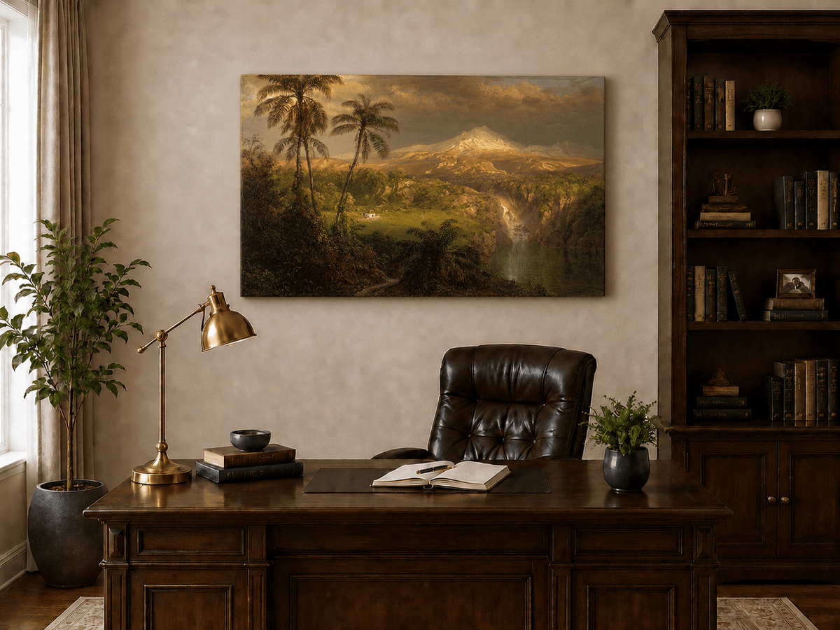 Interior wall art view featuring a tropical volcanic landscape with sunlit peak oil painting.