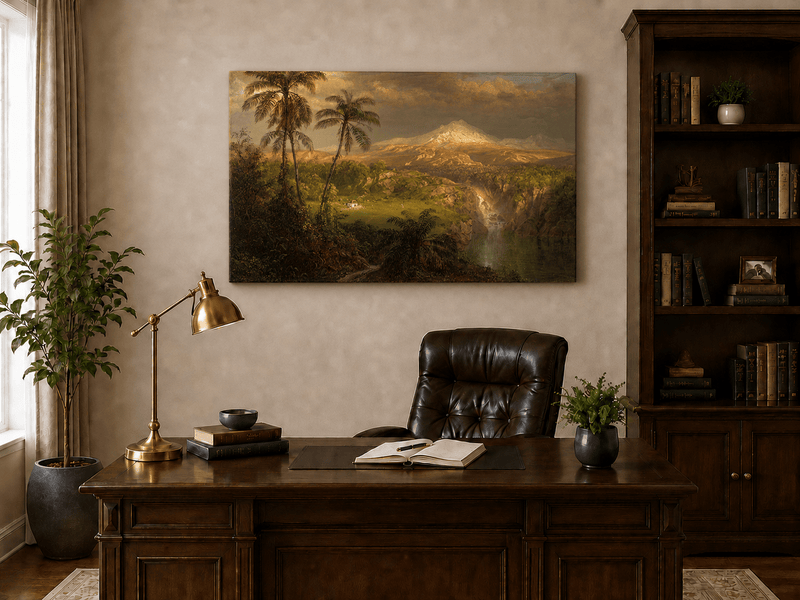 Interior wall art view featuring a tropical volcanic landscape with sunlit peak oil painting.
