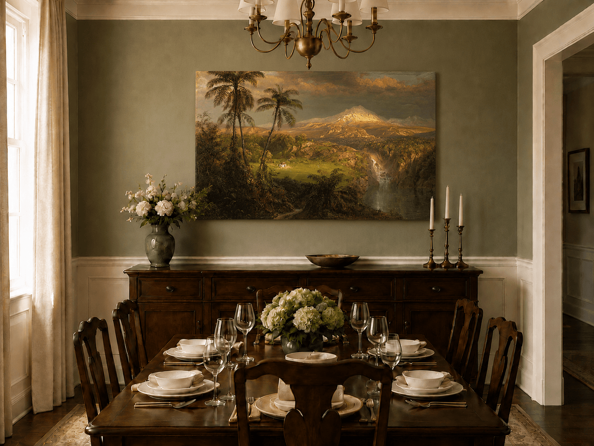 Hand-painted tropical volcano and sunlit peak landscape artwork in an interior display.