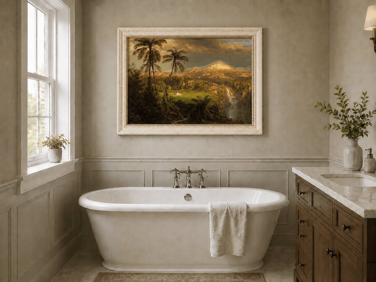 Tropical volcanic landscape oil painting presented as interior home decor.