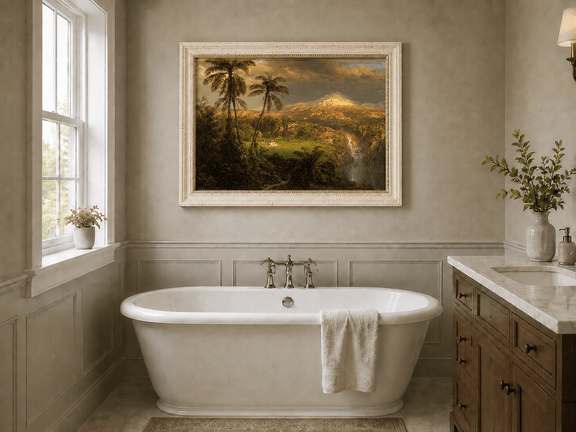Tropical volcanic landscape oil painting presented as interior home decor.