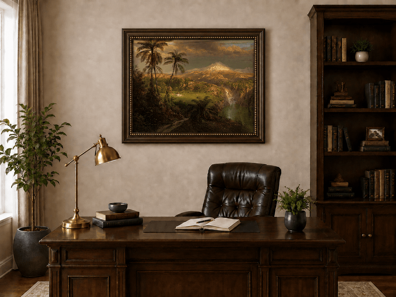 Sunlit volcanic peak above tropical foliage landscape oil painting presented in an interior wall art mockup.