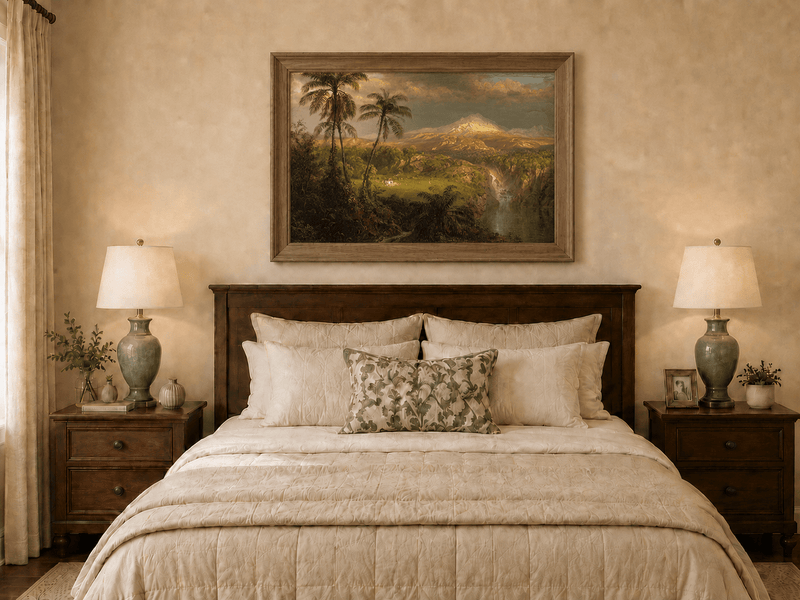 Hand-painted tropical volcanic landscape with sunlit peak displayed as decorative wall art.