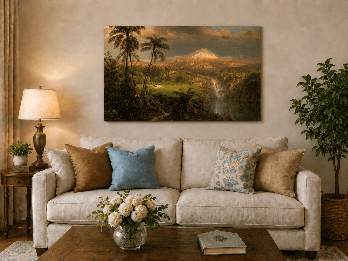 Sunlit tropical volcano hand-painted oil artwork displayed in a second interior view.