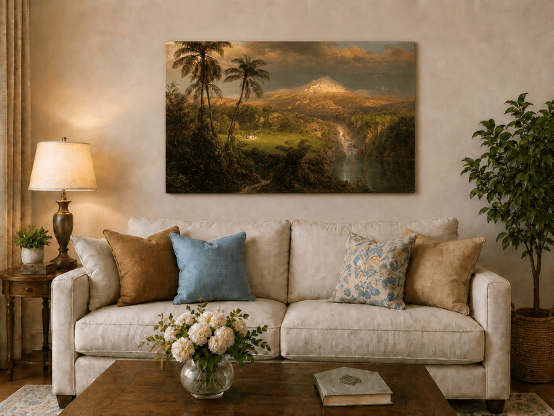 Sunlit tropical volcano hand-painted oil artwork displayed in a second interior view.