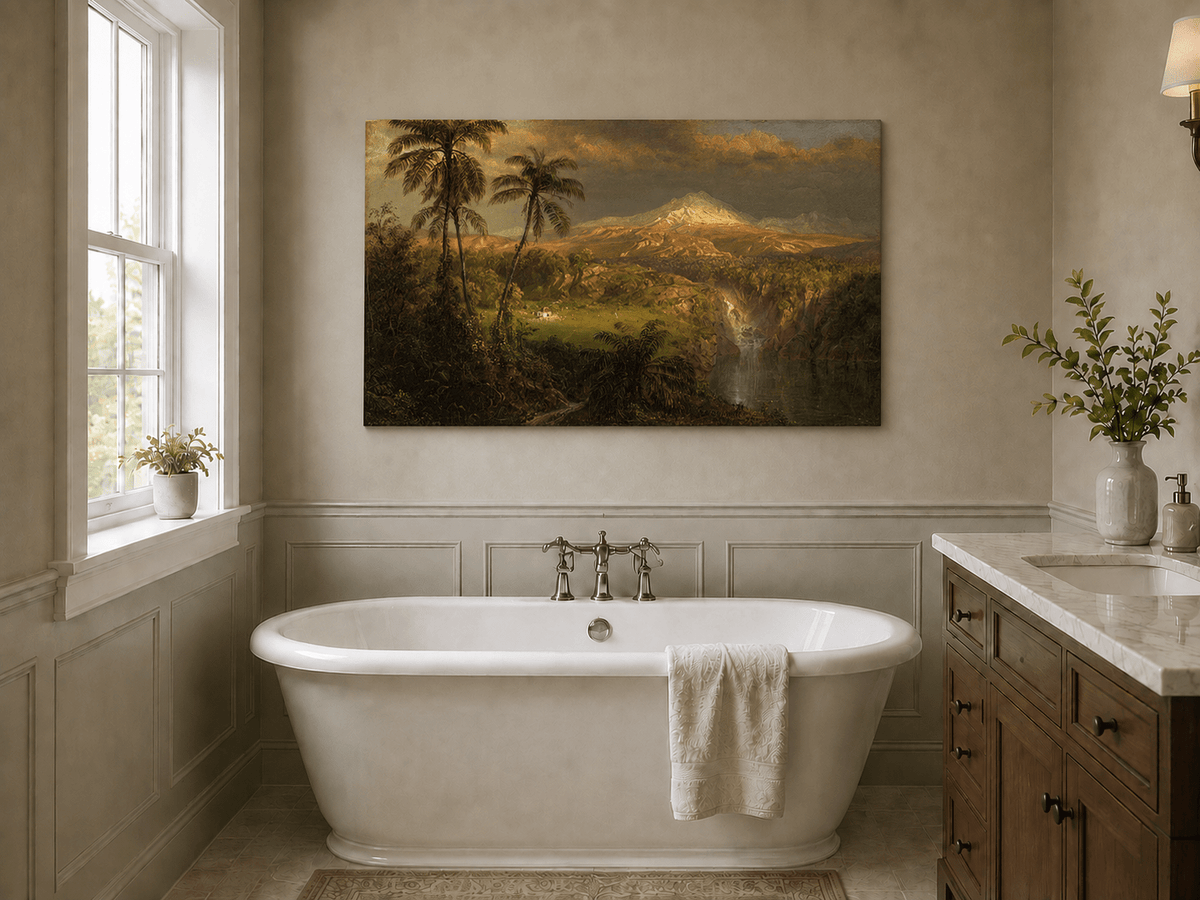 Tropical volcanic landscape with sunlit peak oil painting presented as styled home decor.
