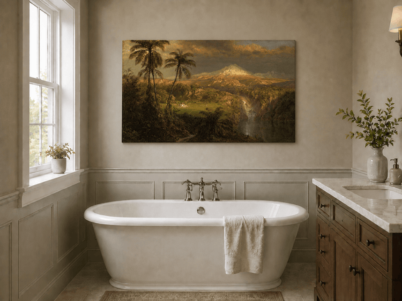Tropical volcanic landscape with sunlit peak oil painting presented as styled home decor.