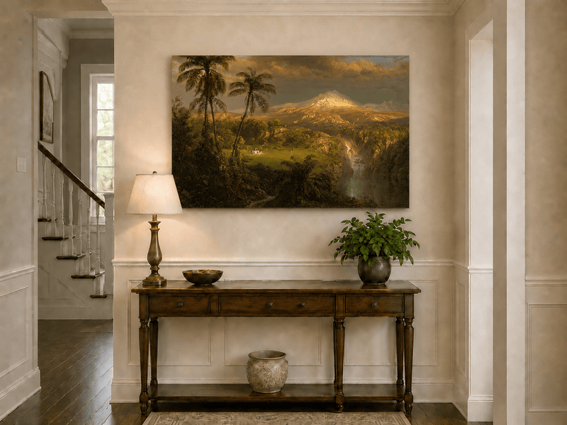 Volcanic tropical landscape painting shown as decorative oil wall art.