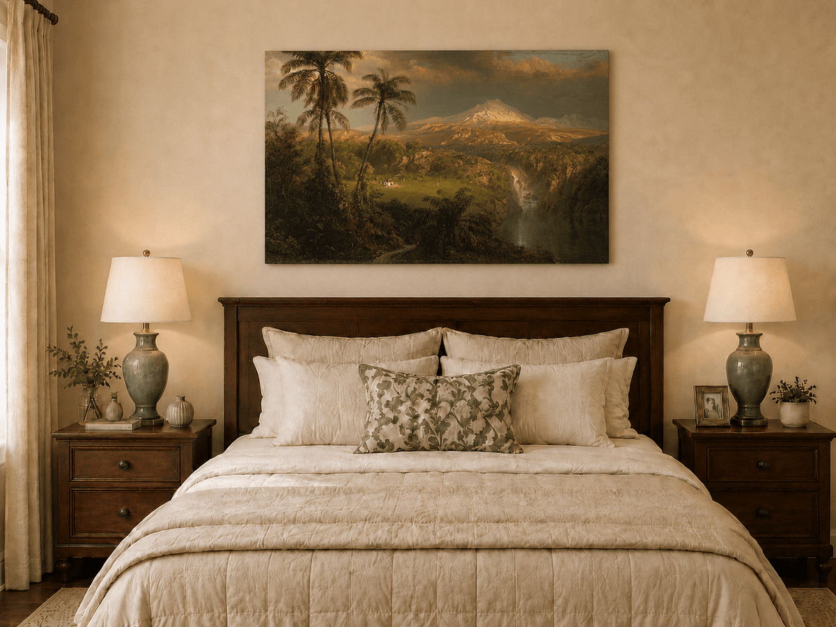 Tropical volcanic peak oil painting displayed as landscape wall decor.