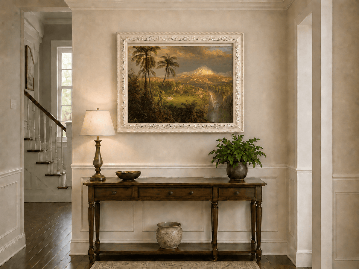 Tropical volcanic peak in sunlight hand-painted oil artwork shown as home wall decor.