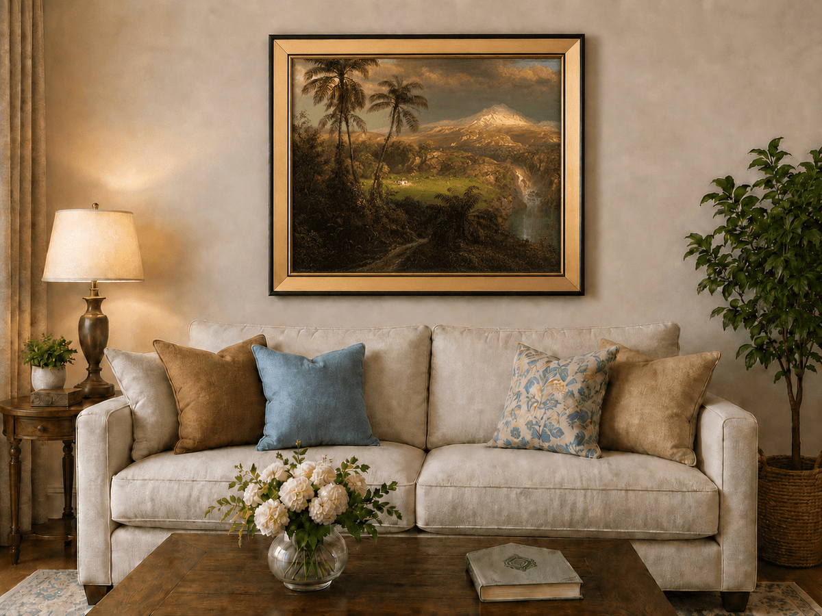 Tropical volcanic landscape with sunlit peak landscape oil painting displayed in a styled home interior.