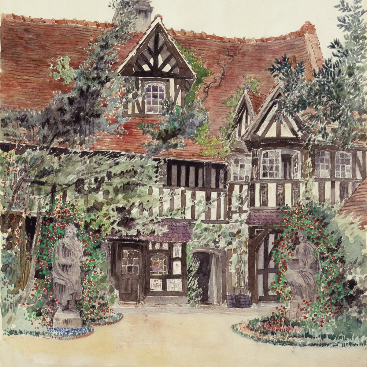 Landscape Oil Painting - Tudor Courtyard with Old Garden Statues - Oil Painting Haven