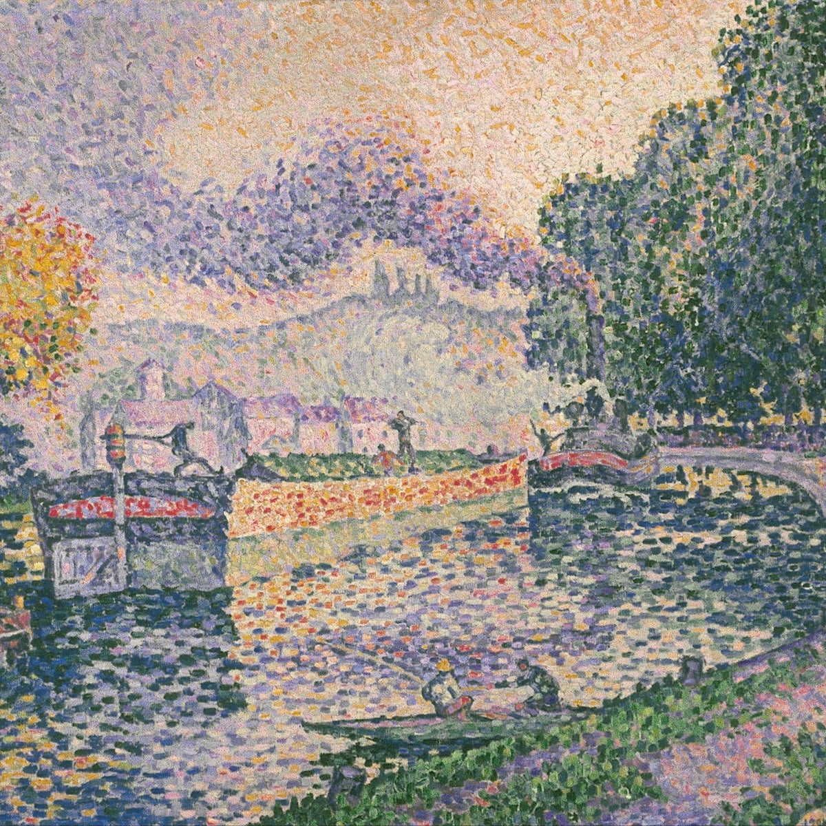 Hand-painted tugboat on the canal at samois landscape oil painting on canvas