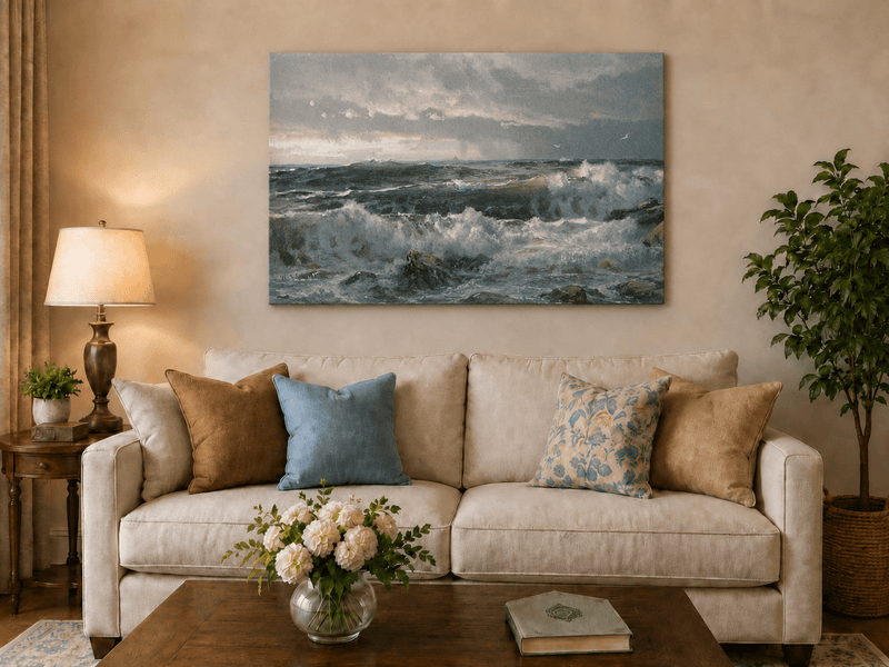 Unframed hand-painted turbulent ocean oil painting with stormy waves and a distant vessel displayed above a neutral living room sofa.