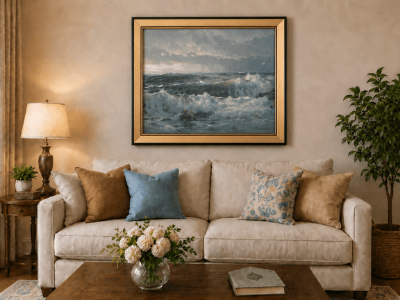 Framed hand-painted turbulent ocean oil painting with stormy waves and a distant vessel displayed above a neutral living room sofa.