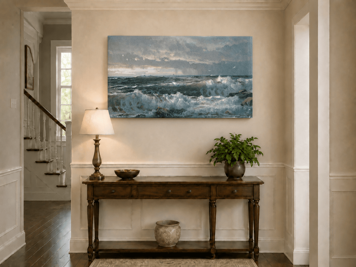 Unframed hand-painted turbulent ocean oil painting with stormy waves and a distant vessel displayed above an entryway console table.