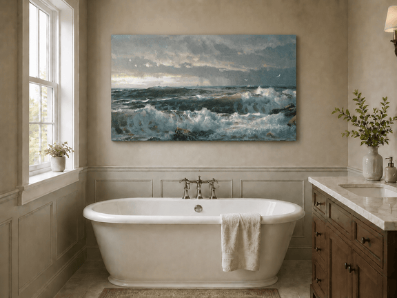 Unframed hand-painted turbulent ocean oil painting with stormy waves and a distant vessel displayed above a freestanding bathtub.