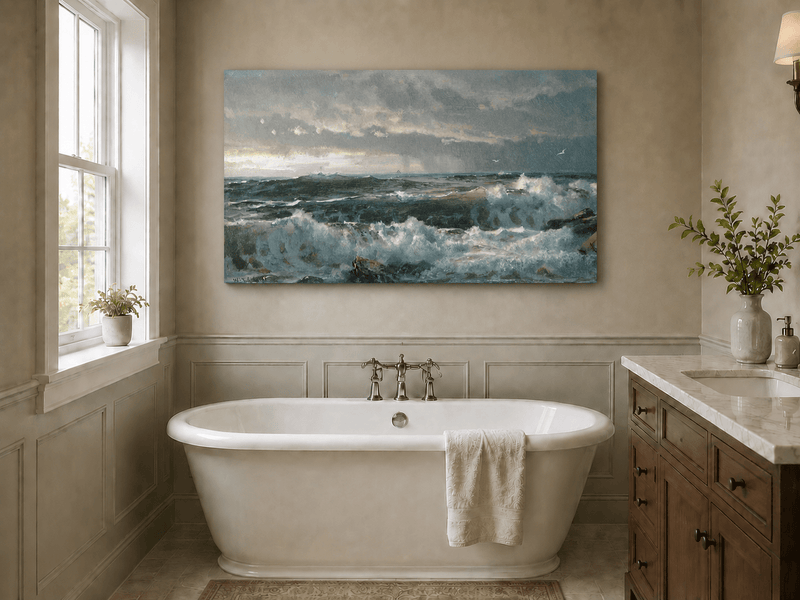 Unframed hand-painted turbulent ocean oil painting with stormy waves and a distant vessel displayed above a freestanding bathtub.