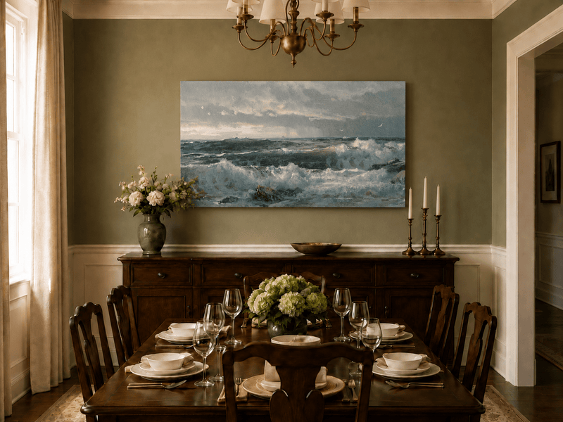 Unframed hand-painted turbulent ocean oil painting with stormy waves and a distant vessel displayed above a formal dining table.