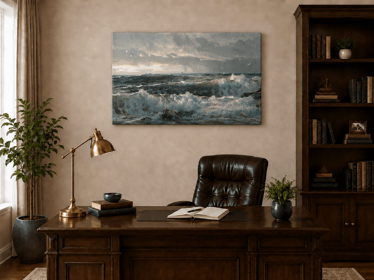 Unframed hand-painted turbulent ocean oil painting with stormy waves and a distant vessel displayed above a traditional home office desk.