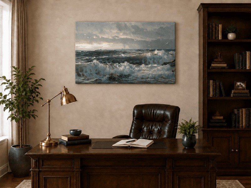 Unframed hand-painted turbulent ocean oil painting with stormy waves and a distant vessel displayed above a traditional home office desk.
