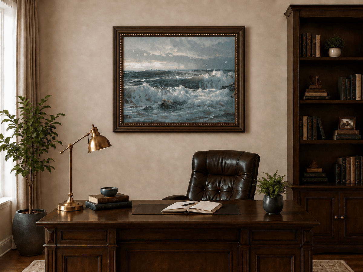 Framed hand-painted turbulent ocean oil painting with stormy waves and a distant vessel displayed above a traditional home office desk.