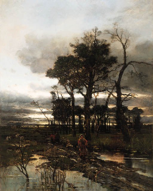 Landscape Oil Painting - Twilight Marsh Path with Figures - Oil Painting Haven