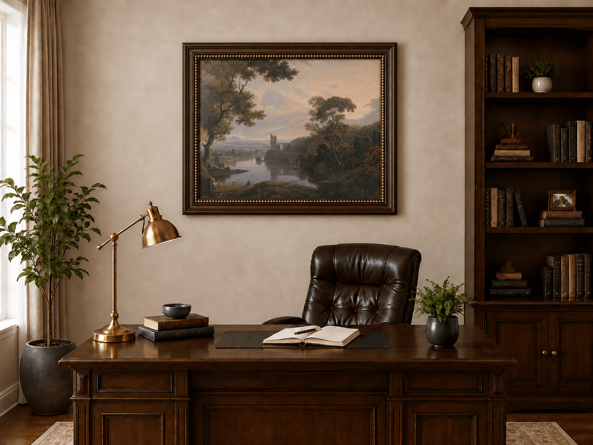 Landscape Oil Painting - Twilight River Ruins and Reflections