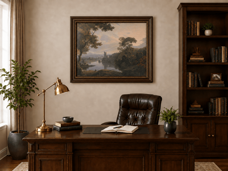Landscape Oil Painting - Twilight River Ruins and Reflections
