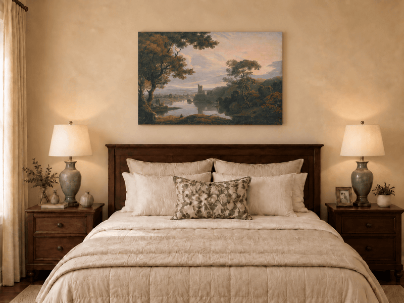 Landscape Oil Painting - Twilight River Ruins and Reflections