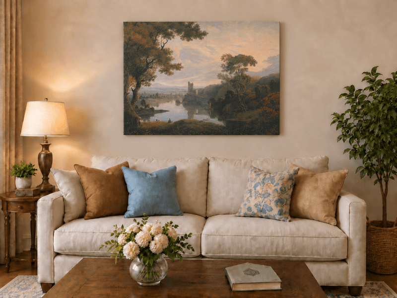 Landscape Oil Painting - Twilight River Ruins and Reflections