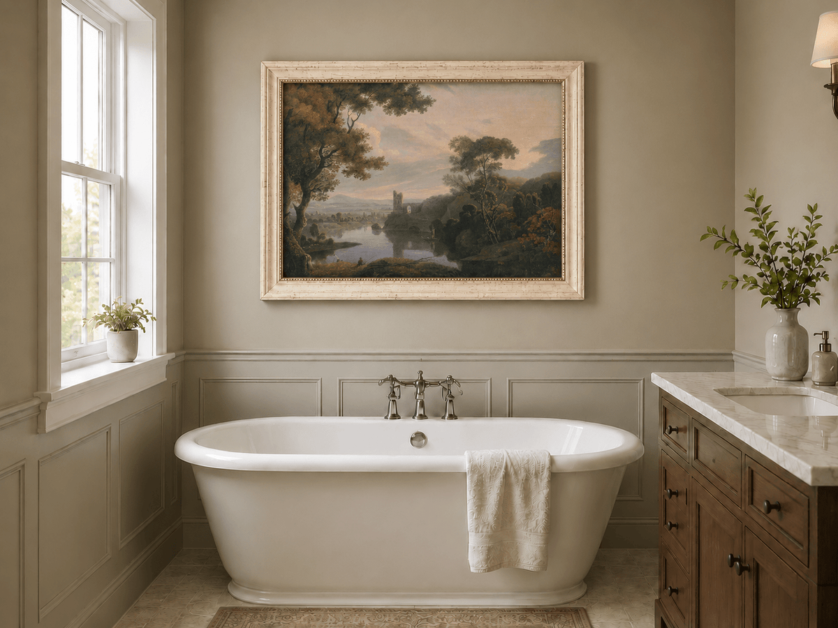Landscape Oil Painting - Twilight River Ruins and Reflections