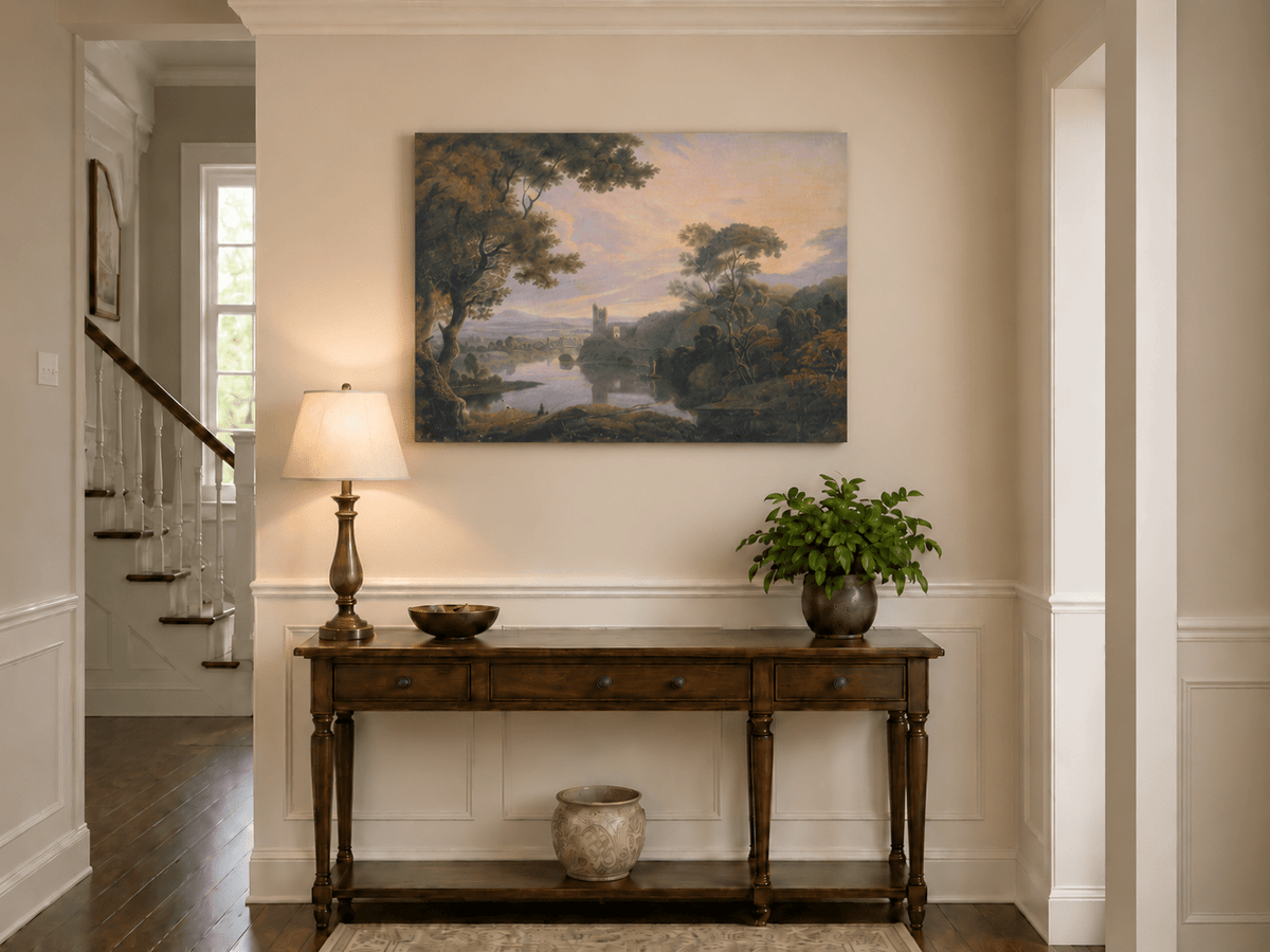 Landscape Oil Painting - Twilight River Ruins and Reflections