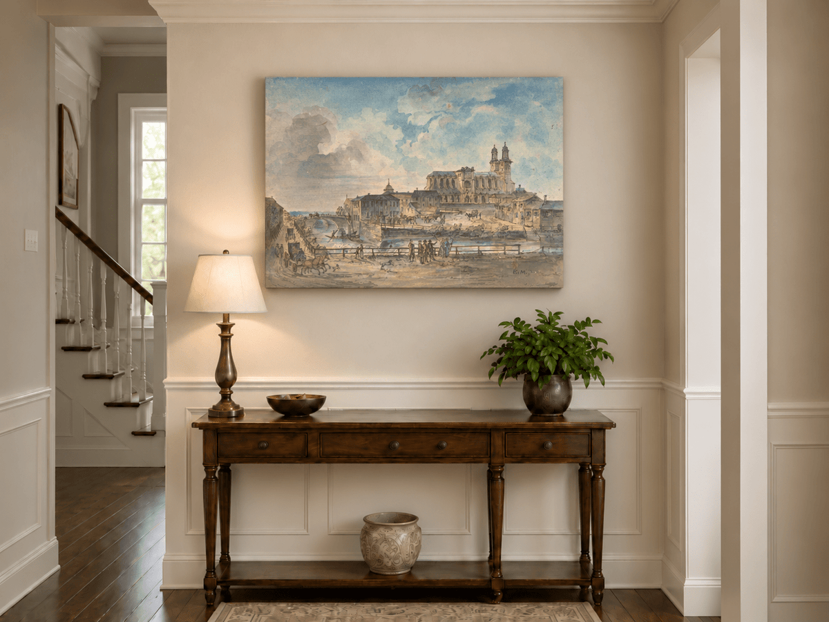Landscape Oil Painting - Uppsala Cathedral and River Bridge