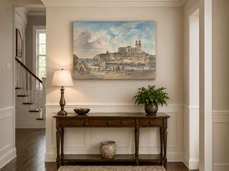 Landscape Oil Painting - Uppsala Cathedral and River Bridge