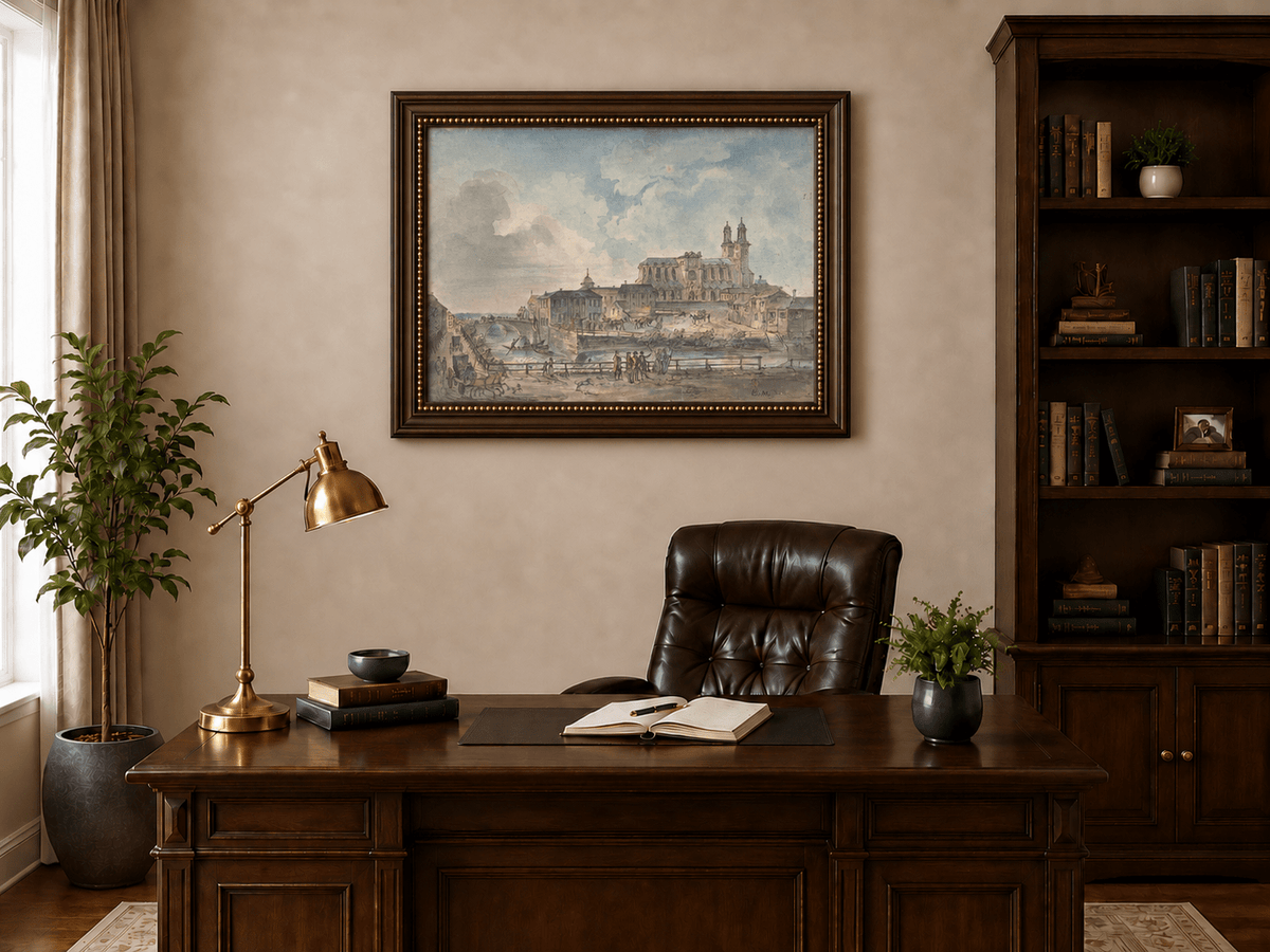Landscape Oil Painting - Uppsala Cathedral and River Bridge
