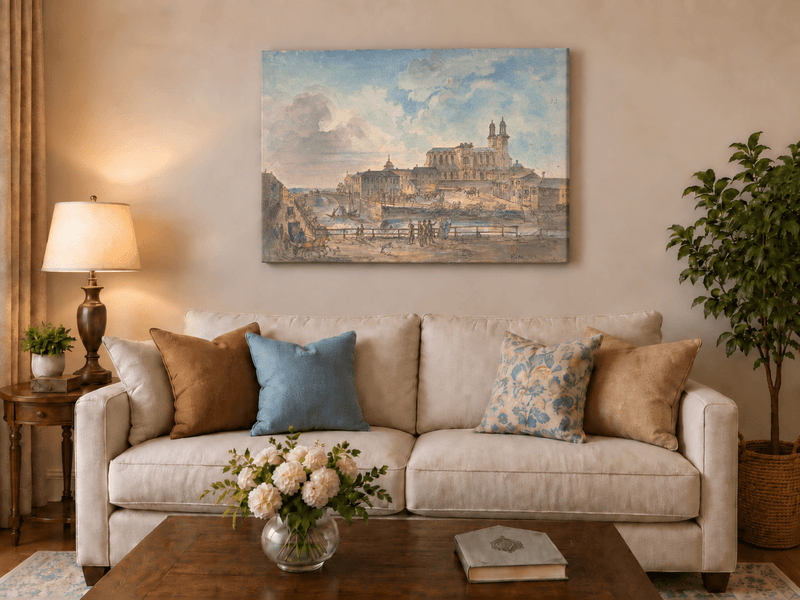 Landscape Oil Painting - Uppsala Cathedral and River Bridge
