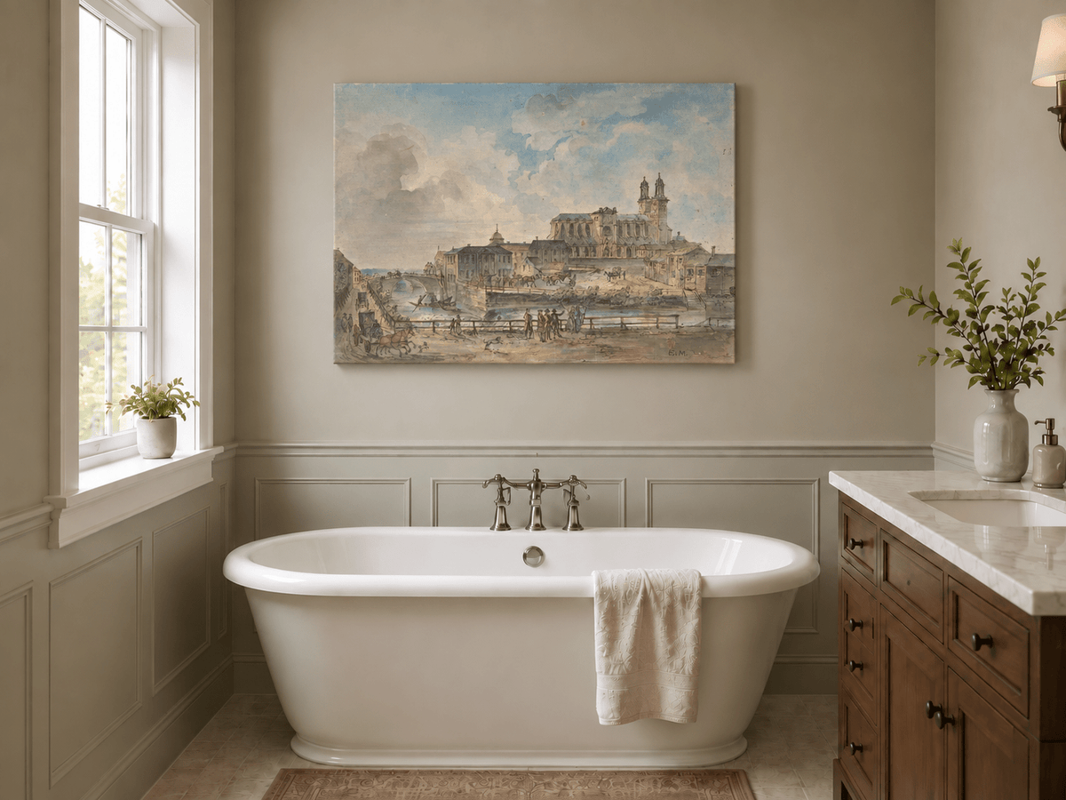 Landscape Oil Painting - Uppsala Cathedral and River Bridge