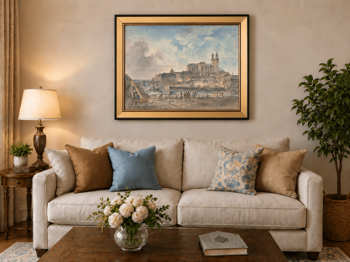 Landscape Oil Painting - Uppsala Cathedral and River Bridge