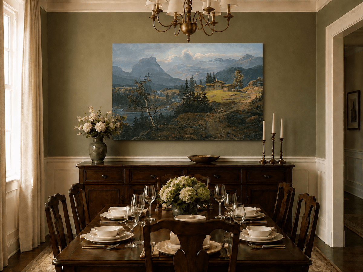 Hand-painted Valdres farm and mountains landscape artwork in an interior display.