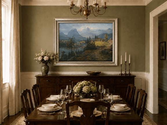 Valdres farm and mountain river oil landscape artwork shown in a styled home interior.