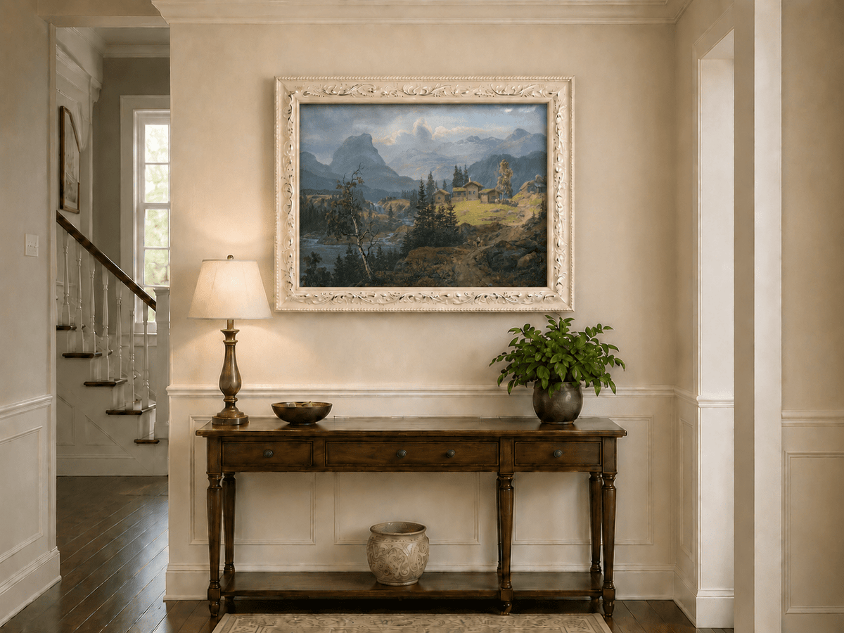 Valdres farm, river and mountains hand-painted oil artwork shown as home wall decor.