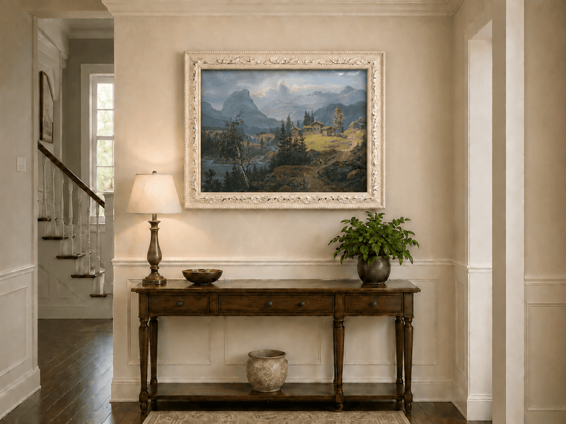 Valdres farm, river and mountains hand-painted oil artwork shown as home wall decor.