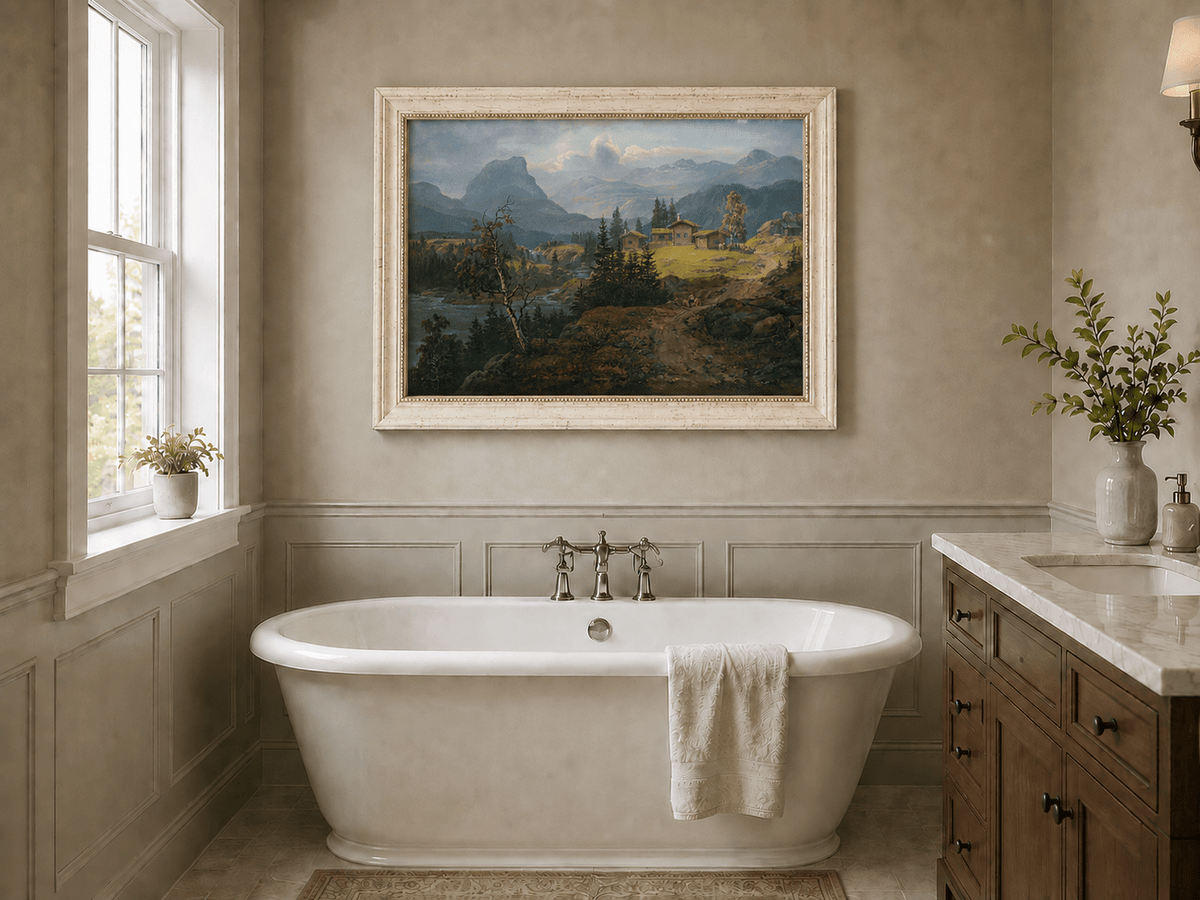 Valdres farm landscape oil painting presented as interior home decor.